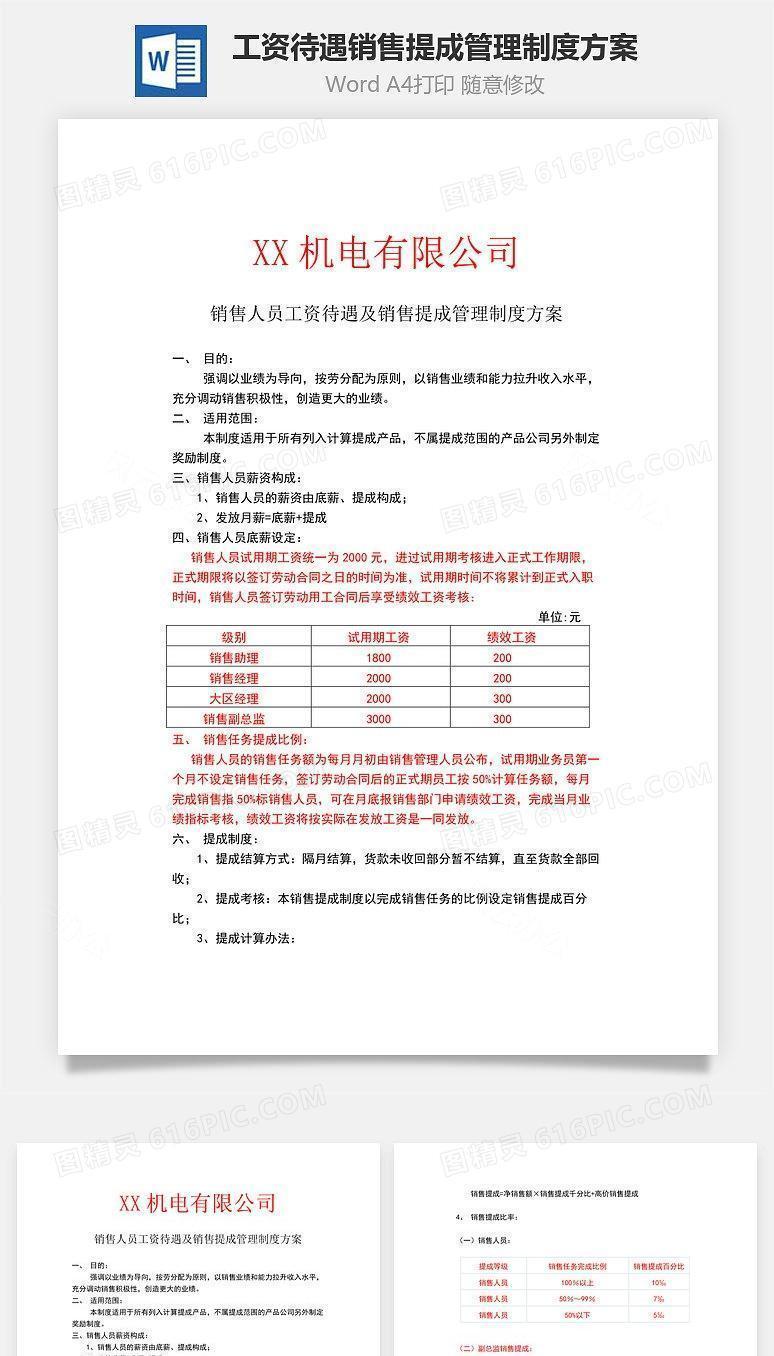 工资待遇销售提成管理制度方案Word文档