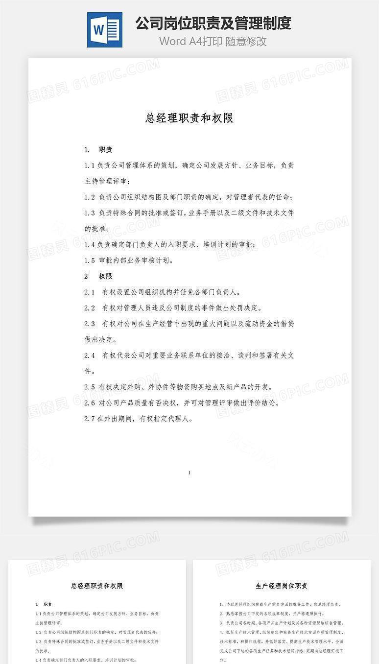 公司岗位职责及管理制度Word文档