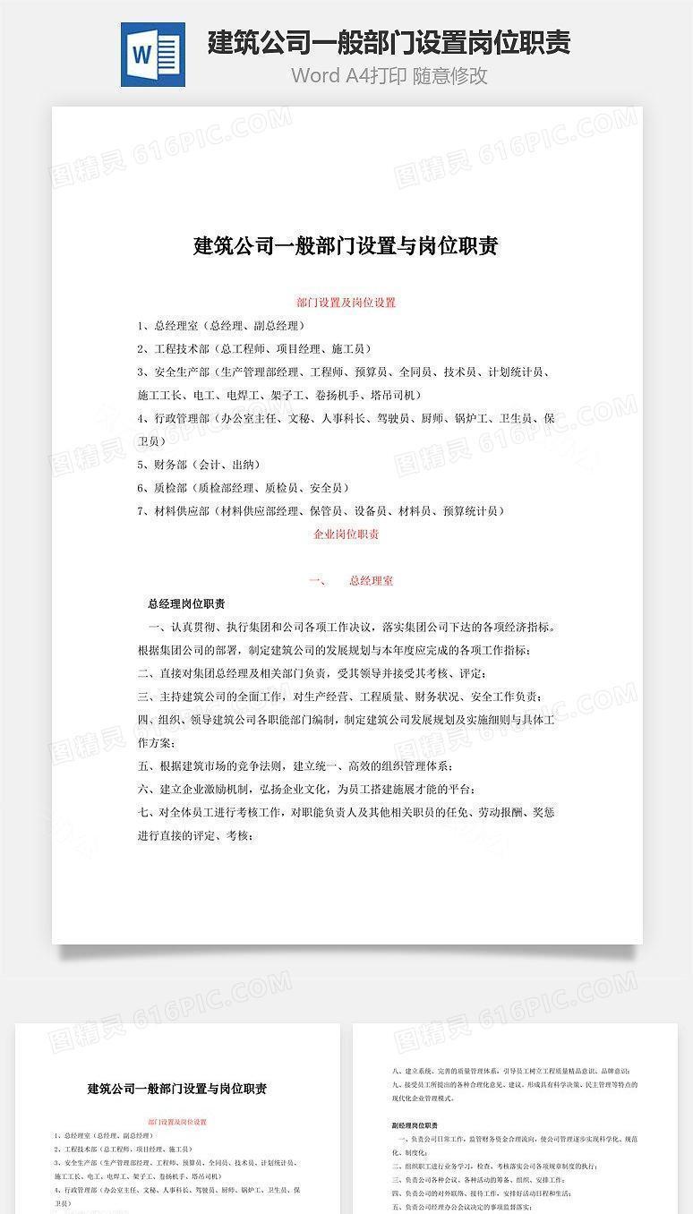 建筑公司一般部门设置岗位职责Word文档