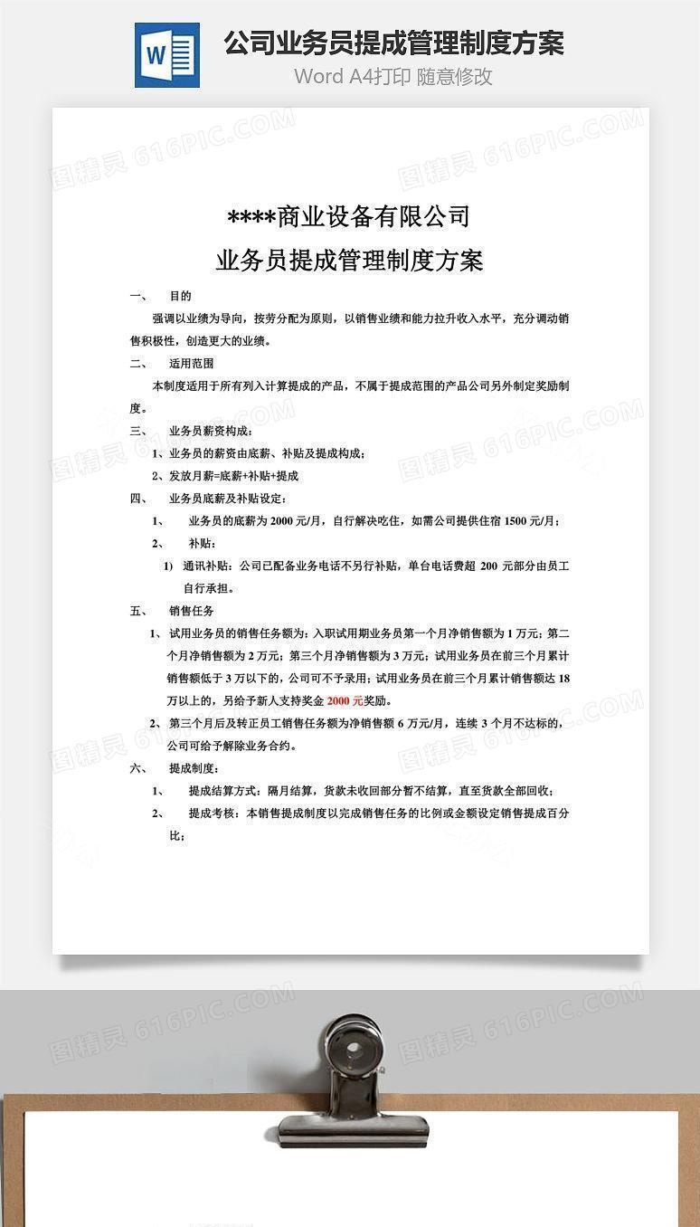 公司业务员提成管理制度方案Word文档
