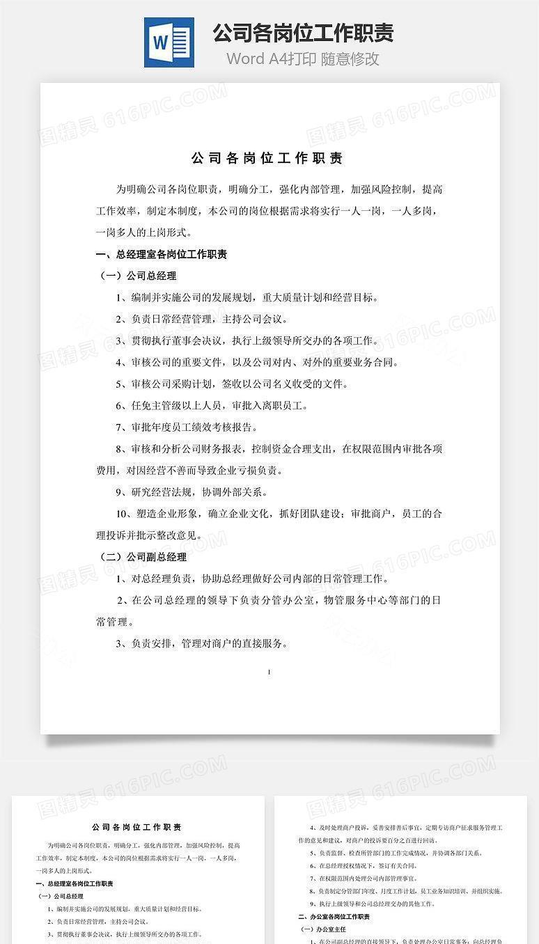 公司各岗位工作职责Word文档