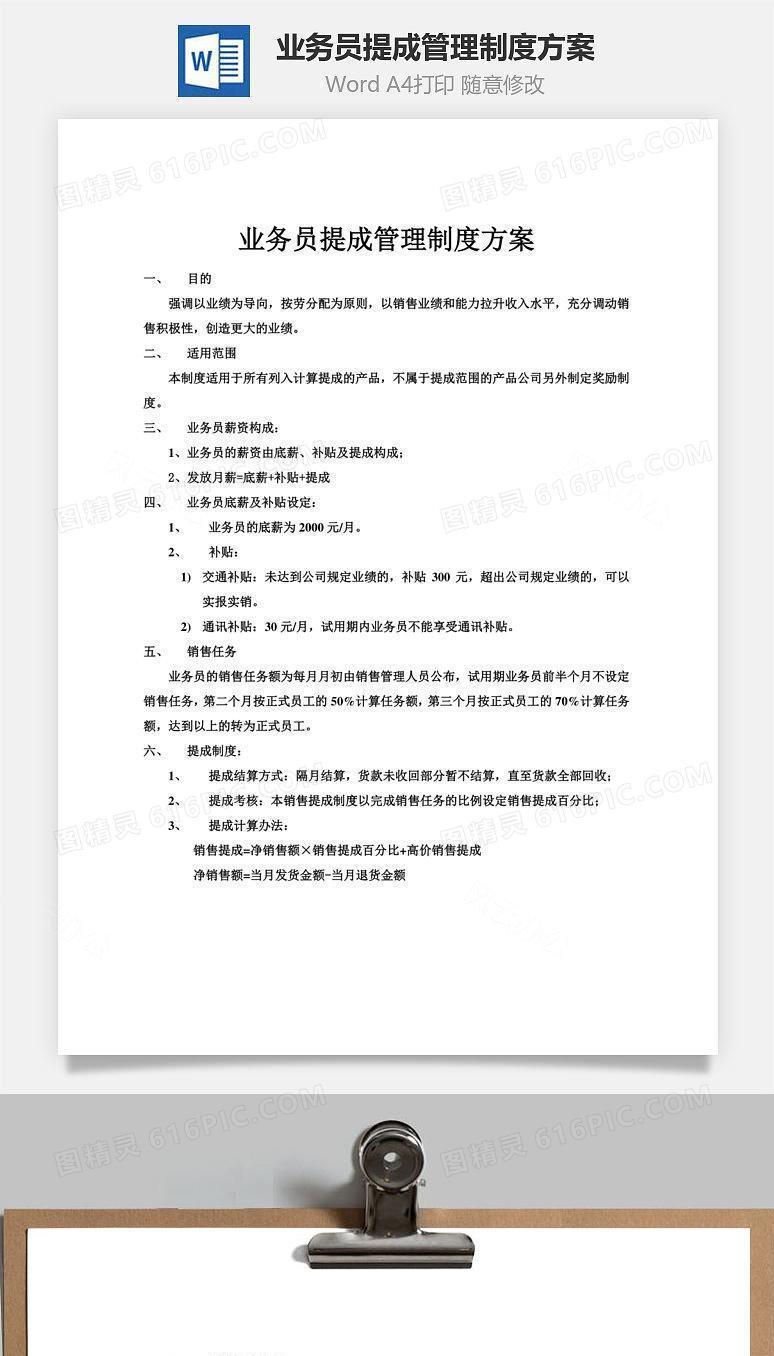 业务员提成管理制度方案Word文档