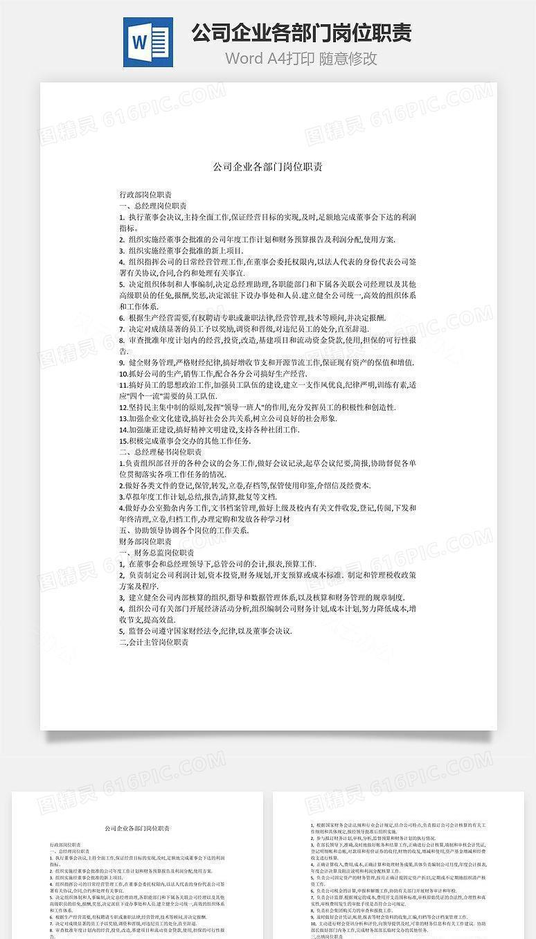 公司企业各部门岗位职责Word文档