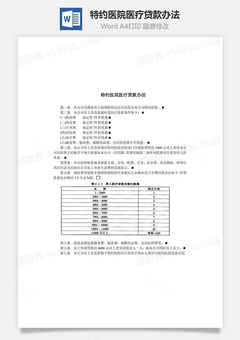 特约医院医疗贷款办法Word文档