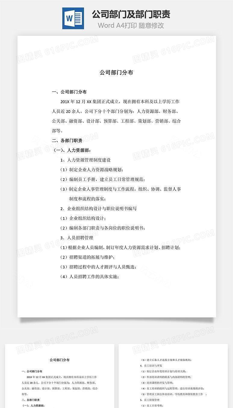 公司部门及部门职责Word文档