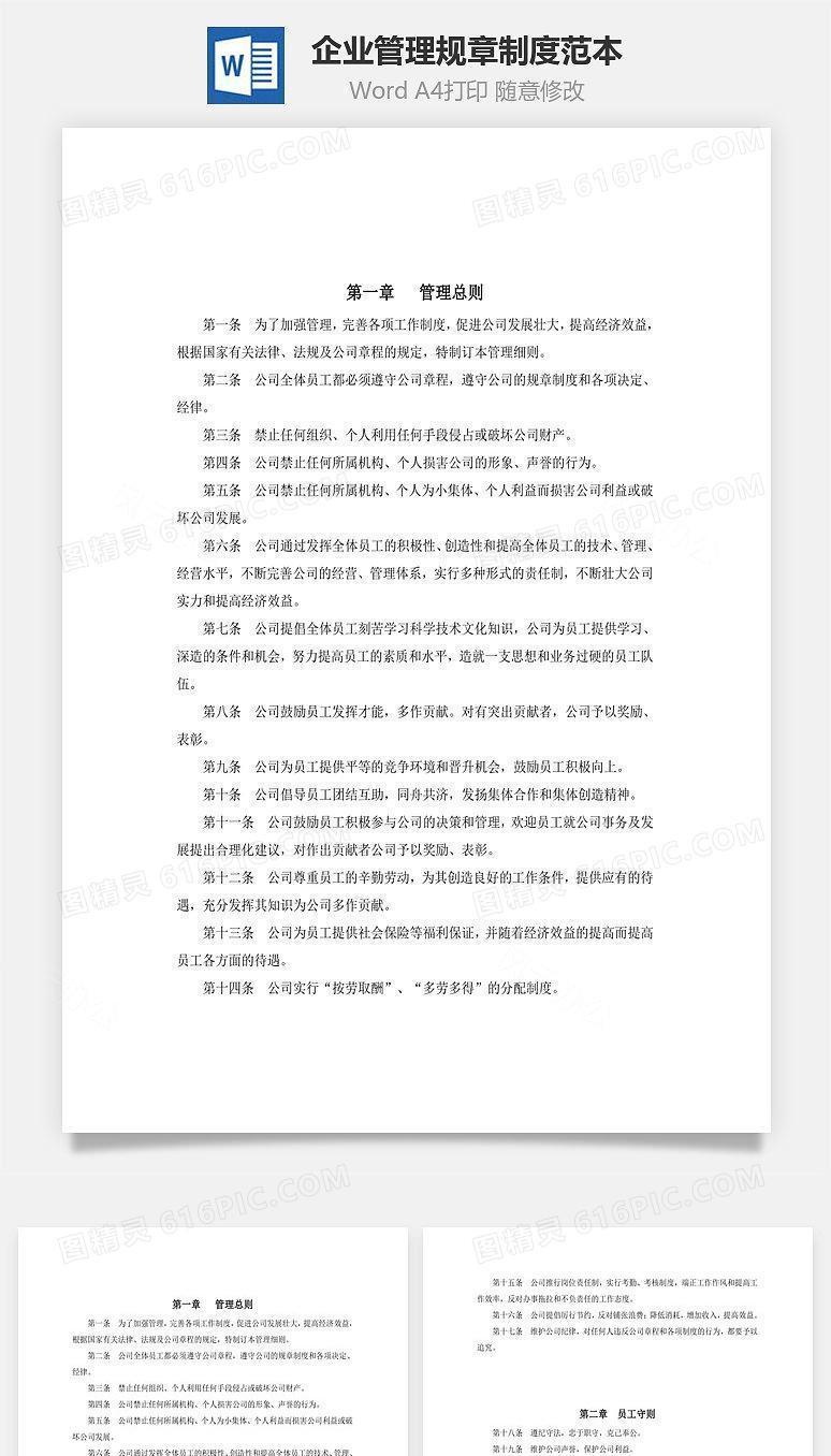企业管理规章制度范本Word文档