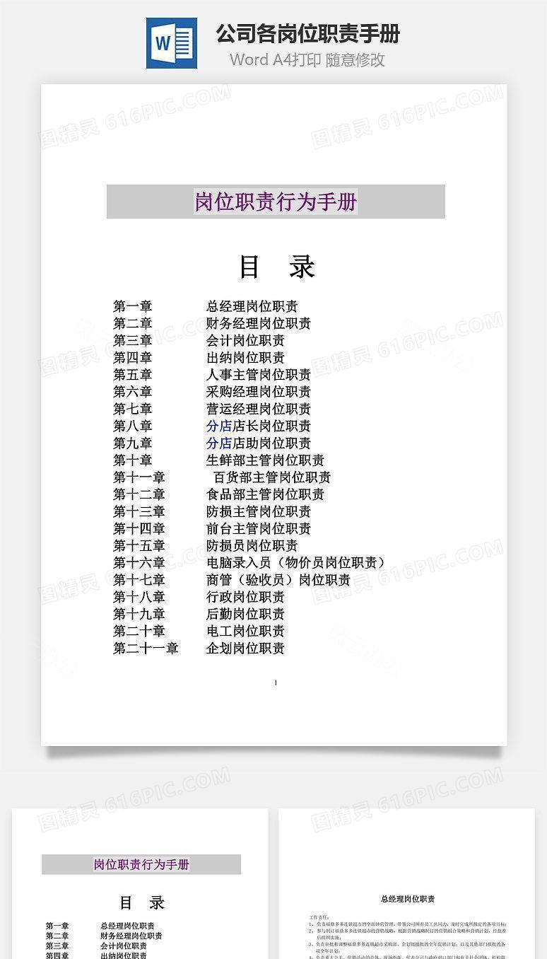 公司各岗位职责手册Word文档