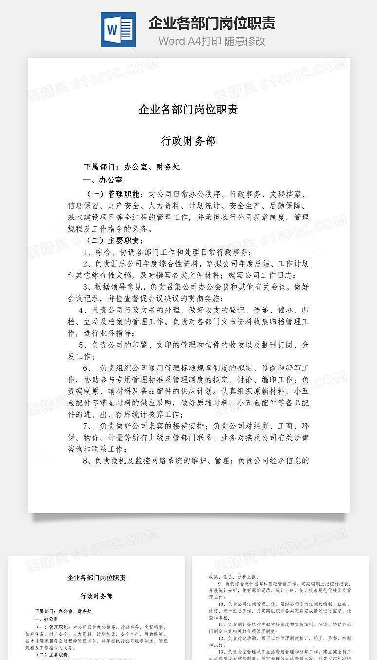 企业各部门岗位职责Word文档