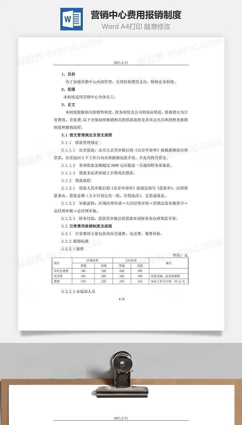 营销中心费用报销制度Word文档