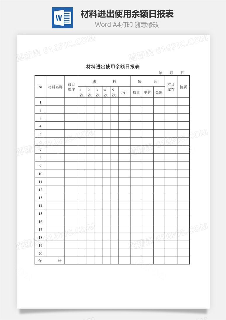材料进出使用余额日报表Word文档