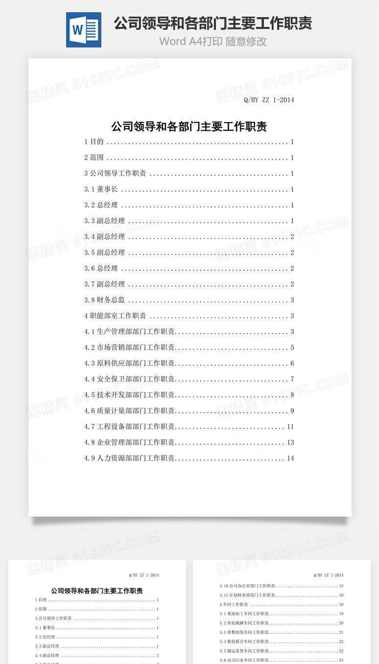 公司领导和各部门主要工作职责Word文档