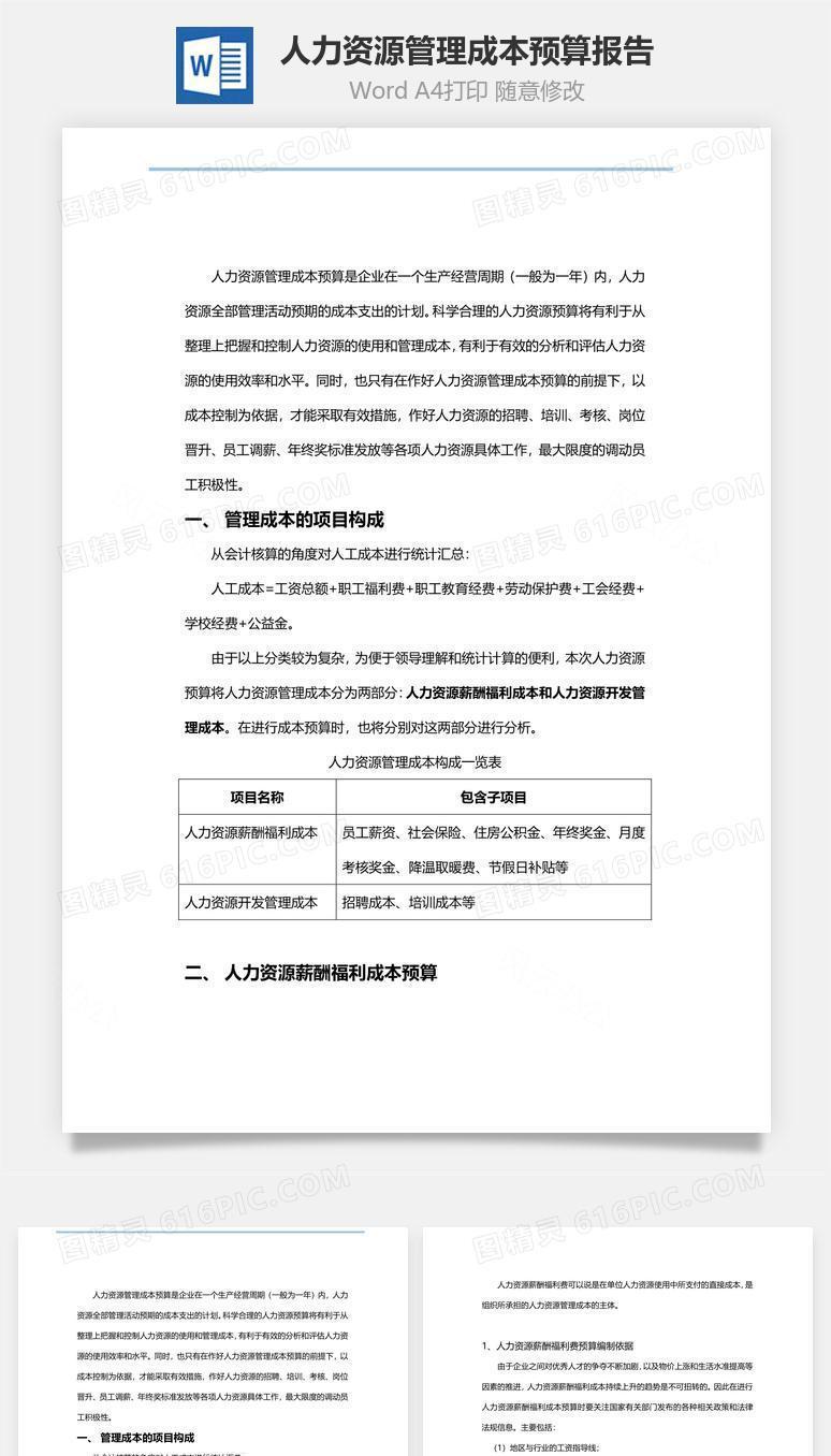 人力资源管理成本预算报告Word文档