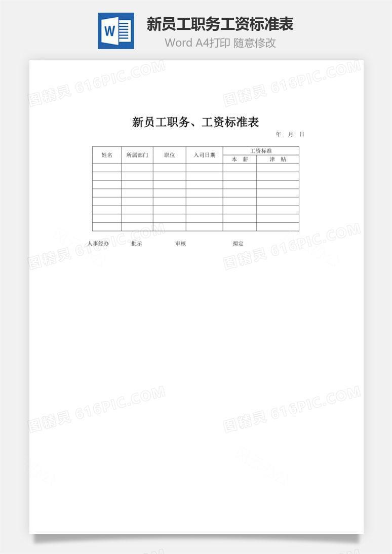 新员工职务、工资标准表word文档
