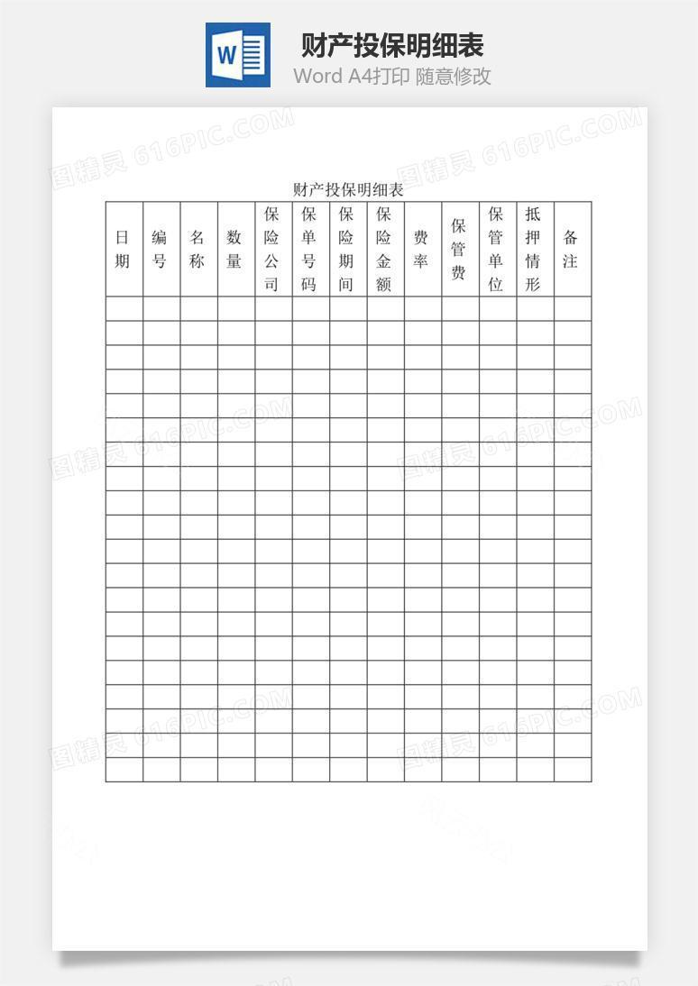 财产投保明细表Word文档