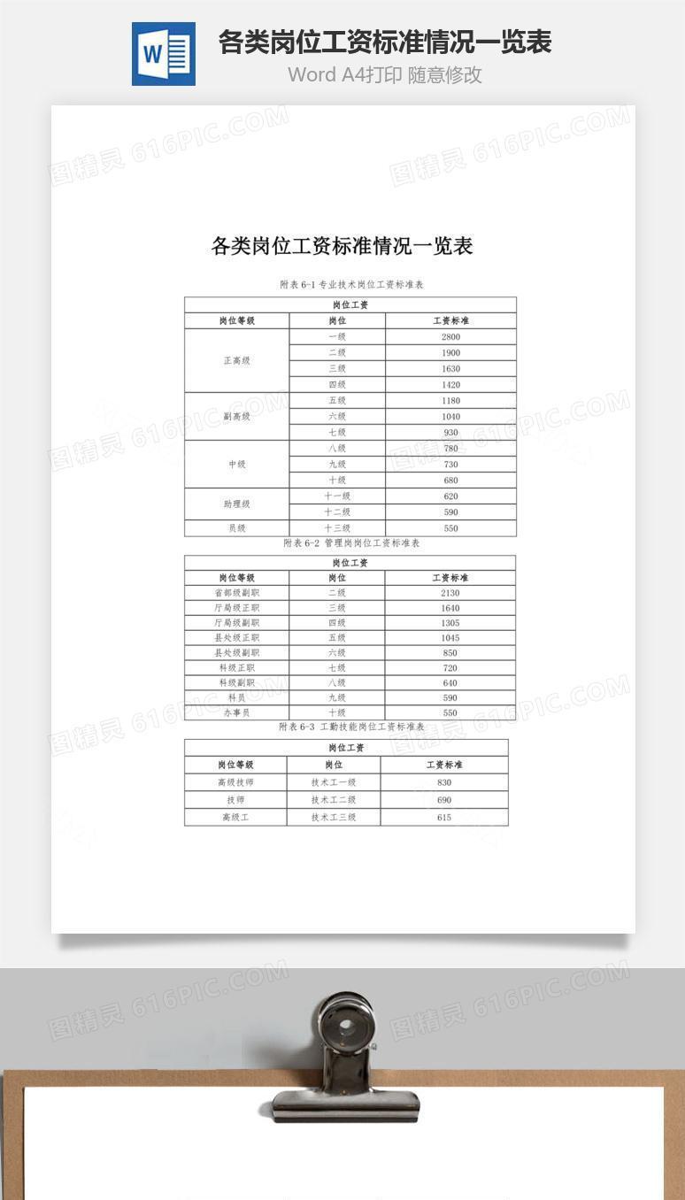 各类岗位工资标准情况一览表word文档