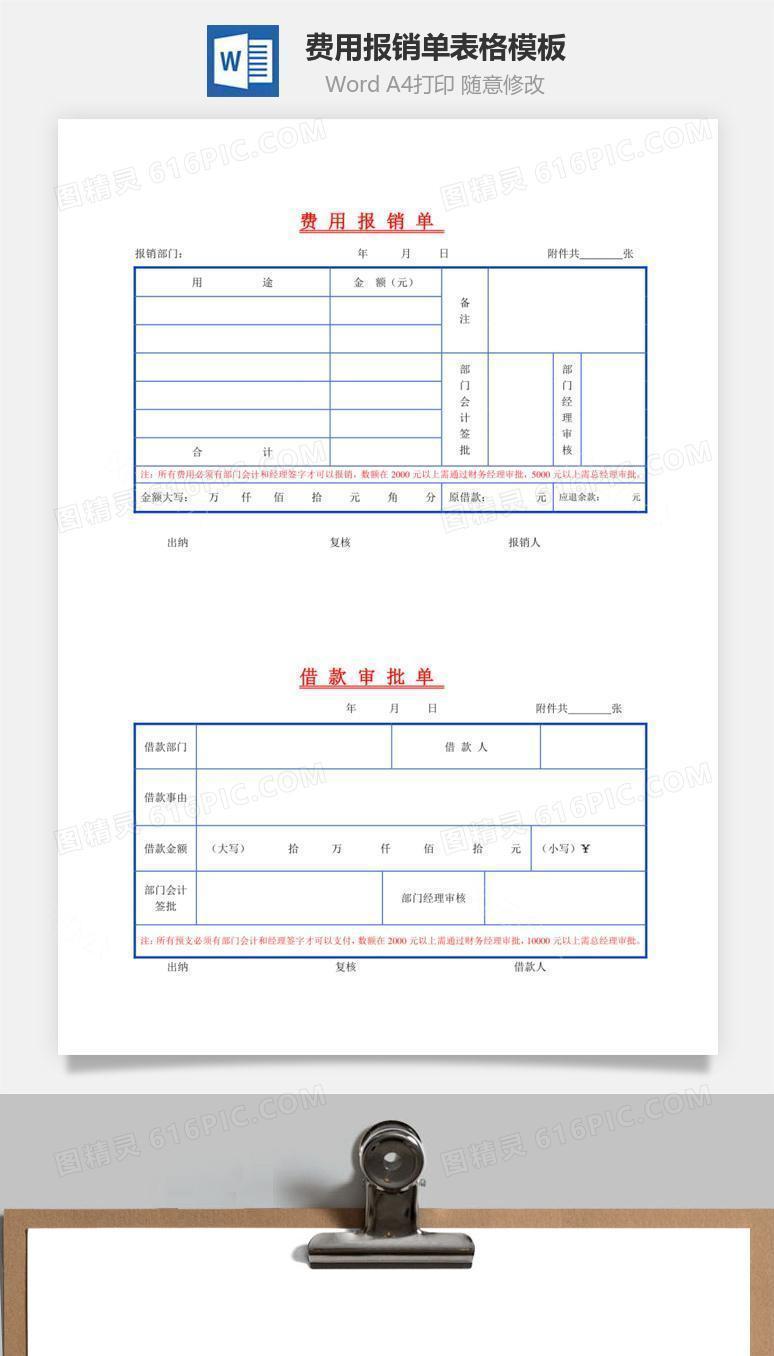 费用报销单表格模板Word文档