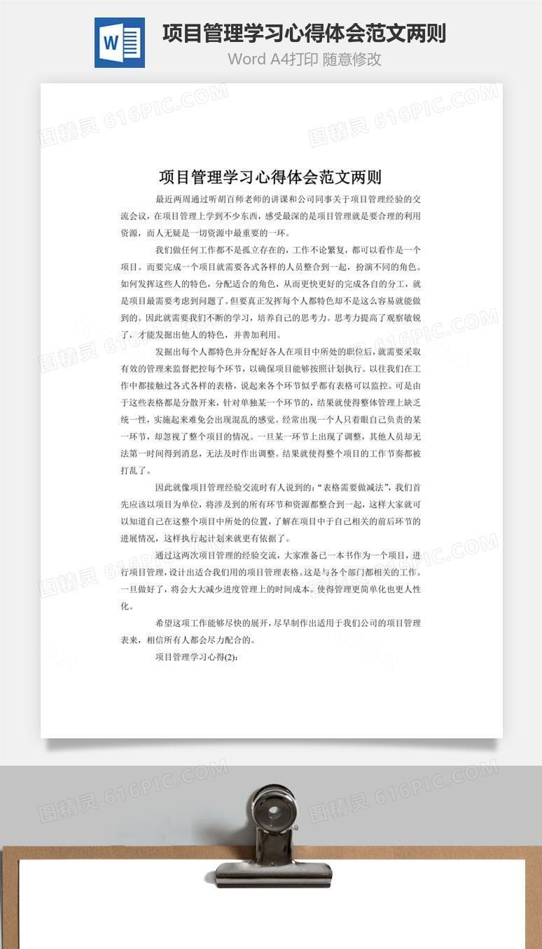 项目管理学习心得体会范文两则word文档