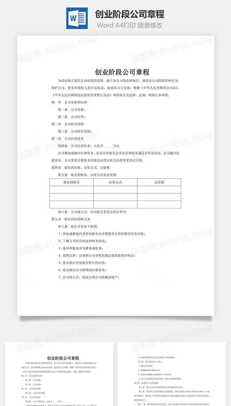 创业阶段公司章程word文档