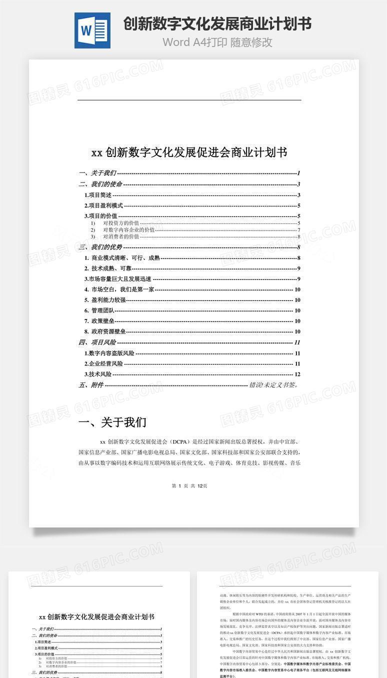 创新数字文化发展商业计划书word文档