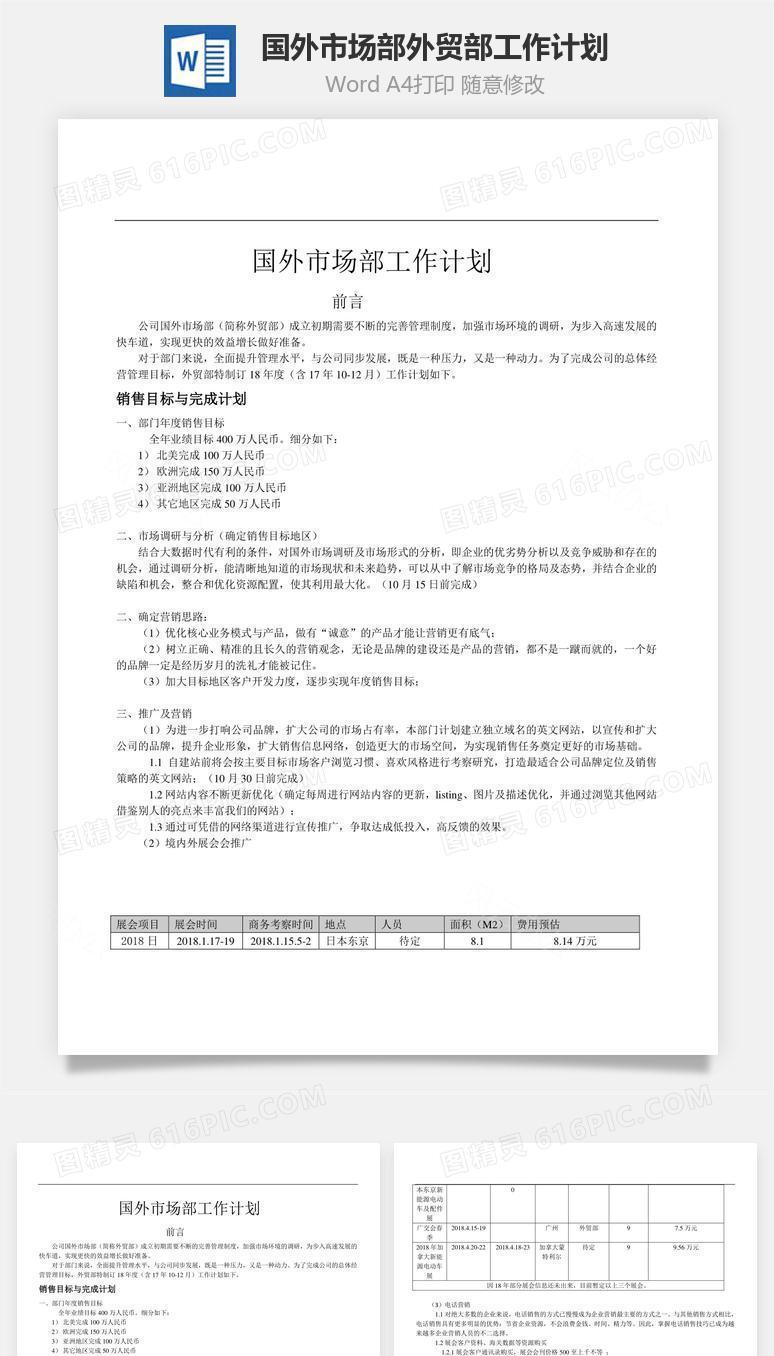 国外市场部外贸部工作计划word文档