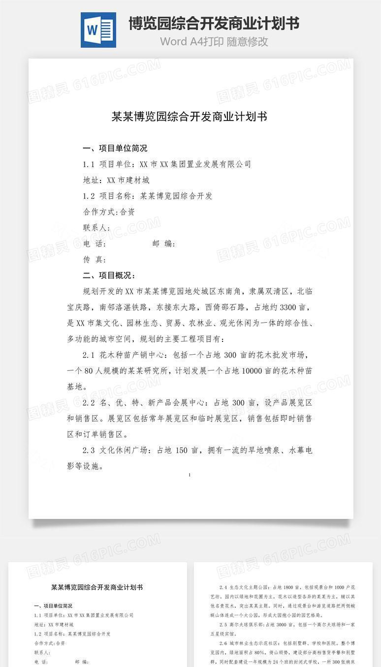 博览园综合开发商业计划书word文档
