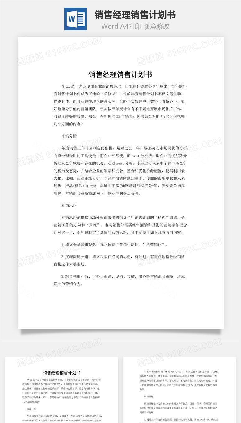销售经理销售计划书word文档