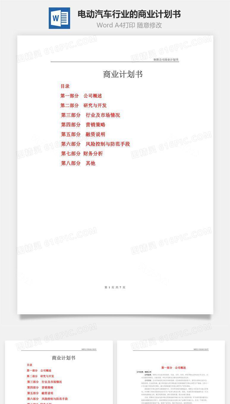 电动汽车行业的商业计划书word文档