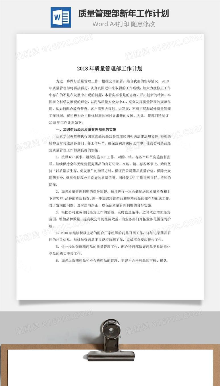 质量管理部新年工作计划word文档
