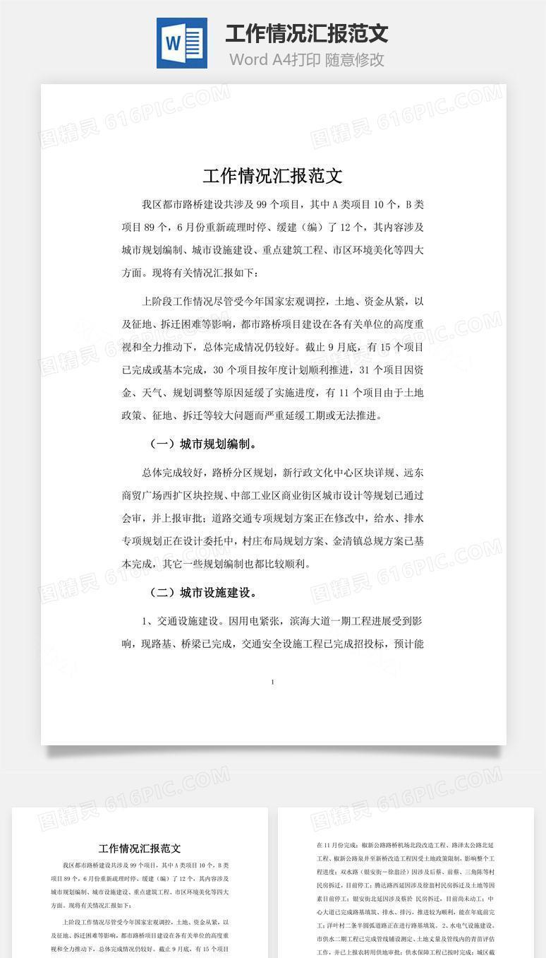 工作情况汇报范文word文档