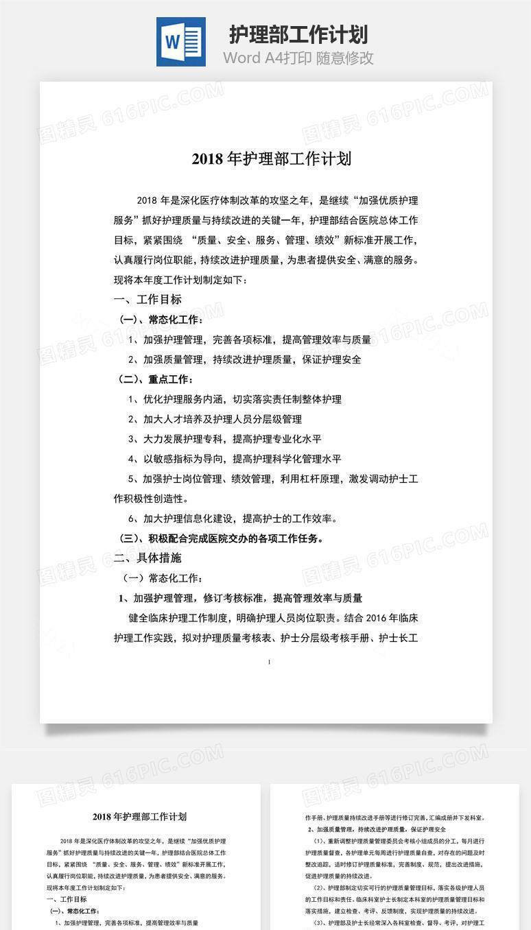 护理部工作计划word文档