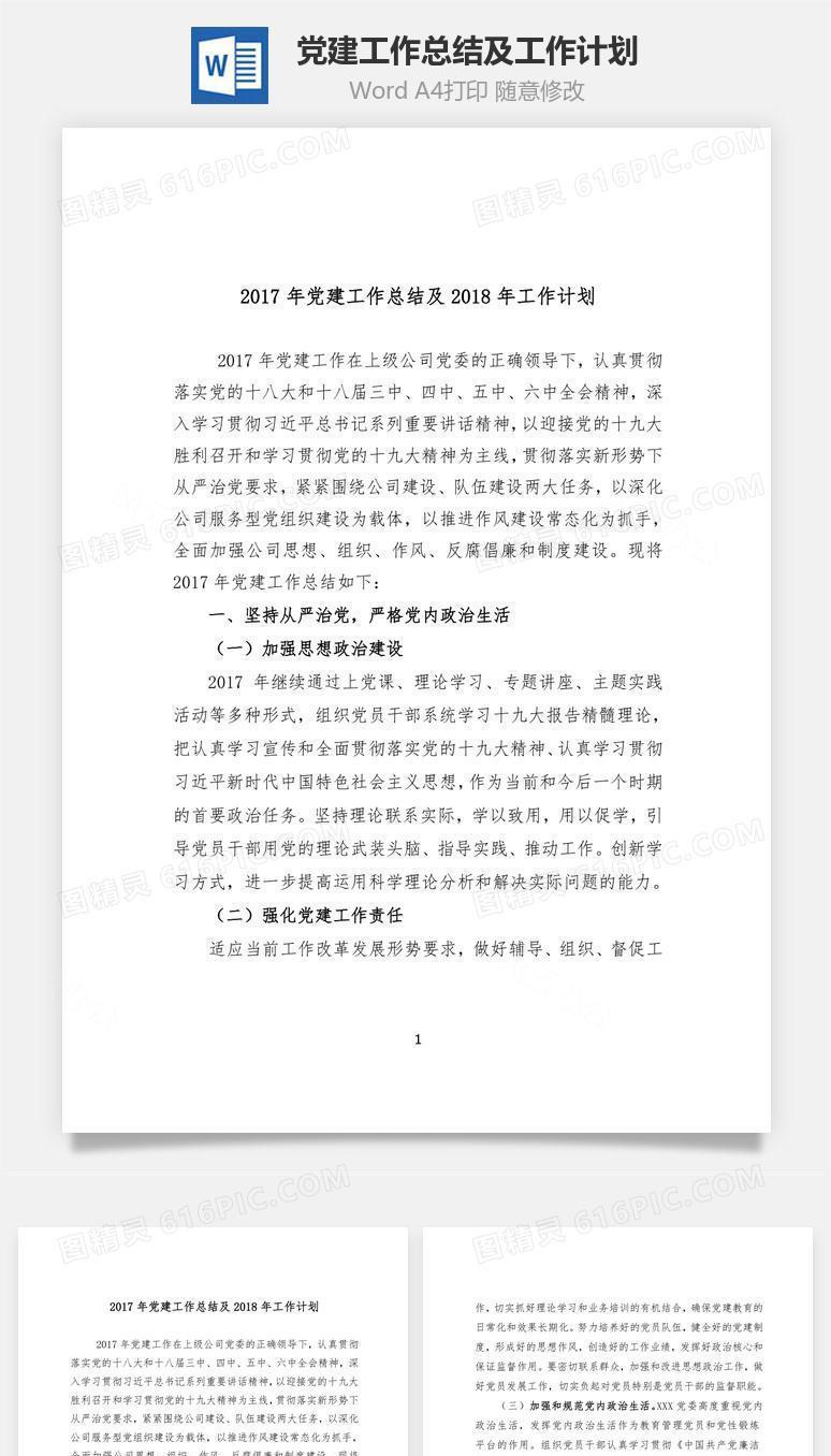 党建工作总结及工作计划word文档