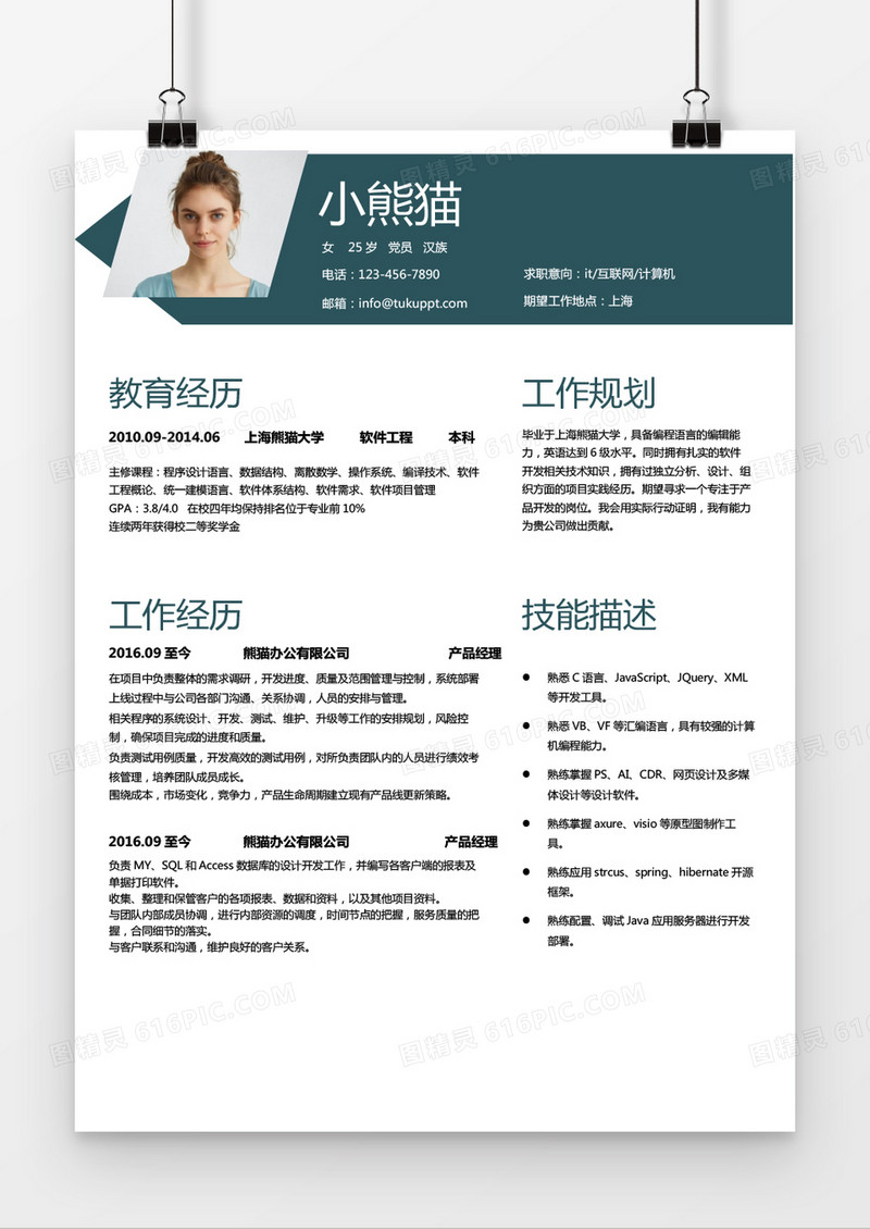 现代风格软件开发求职简历深蓝色word简历模板