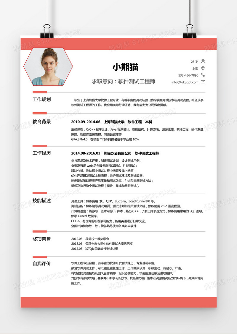 经典风格软件测试求职简历深藕粉色word简历模板