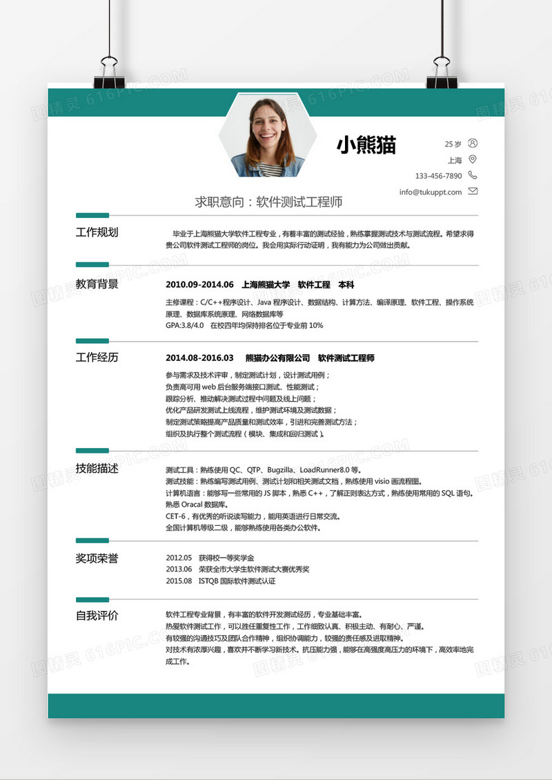 经典风格软件测试求职简历深绿色word简历模板