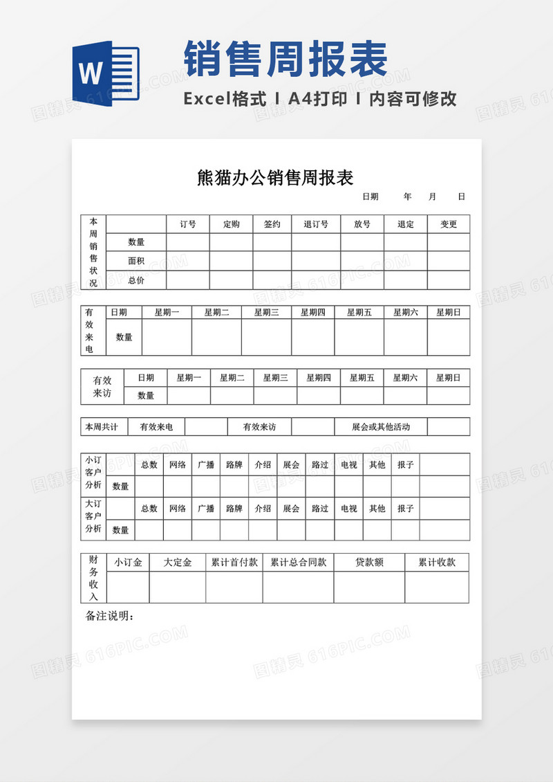 销售周报表周工作总结word模板