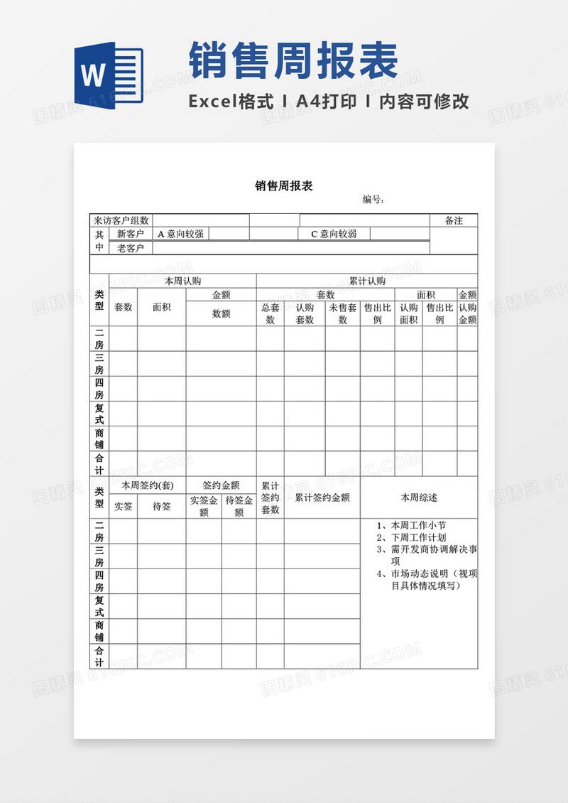 销售周报表周工作总结word模板