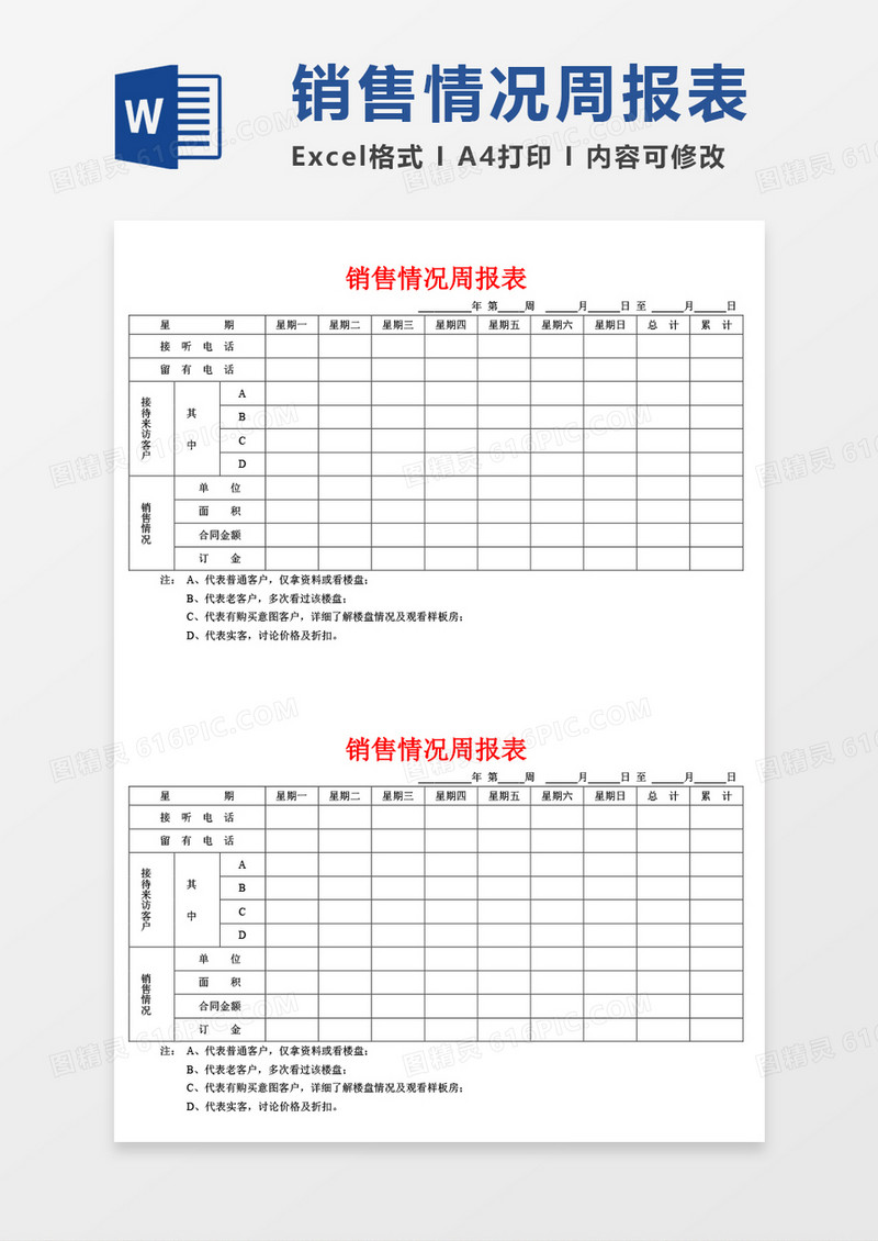 周工作总结销售情况报表word模板