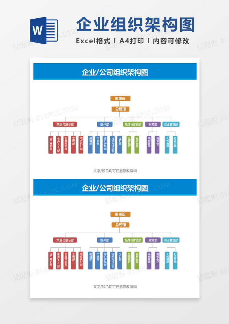 多彩企业公司组织架构图word模板