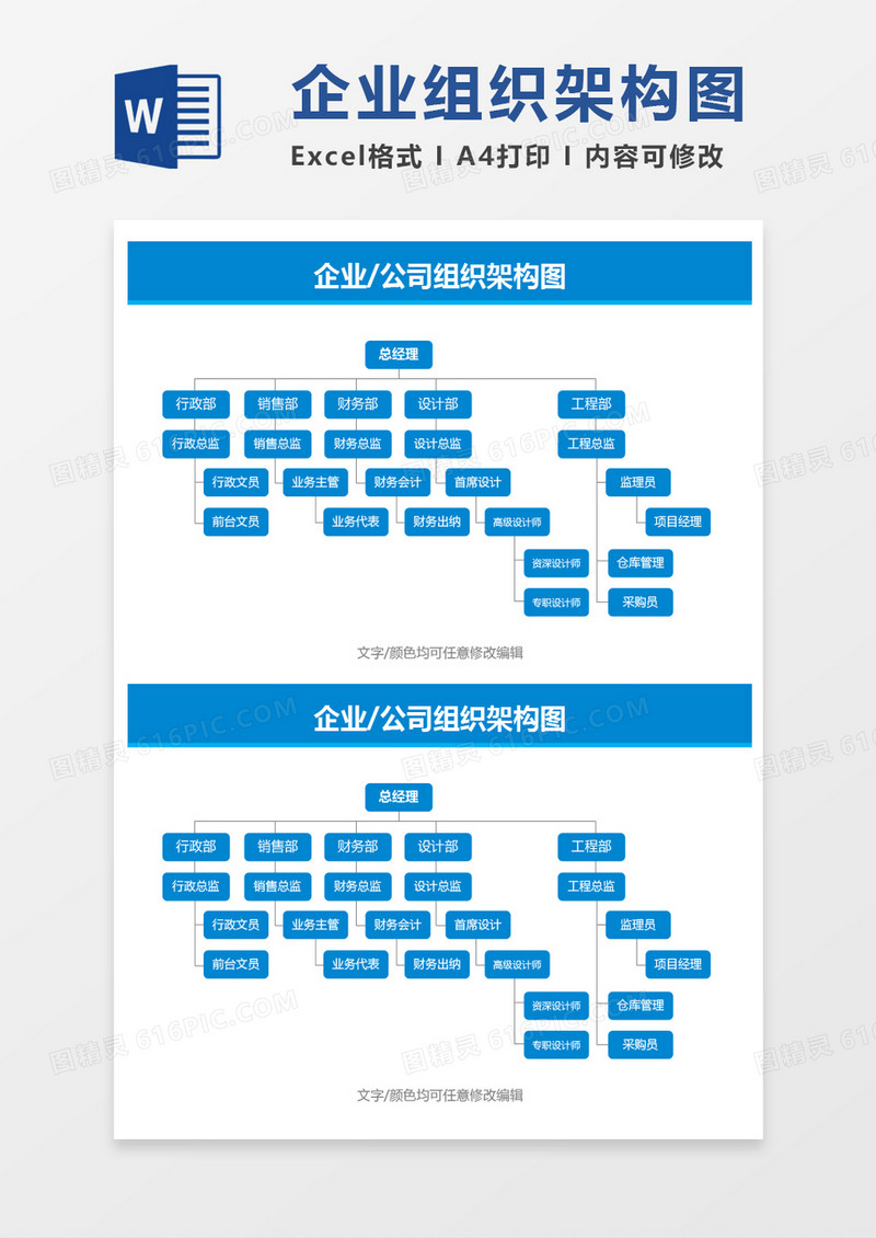 蓝色通用企业公司组织架构图word模板