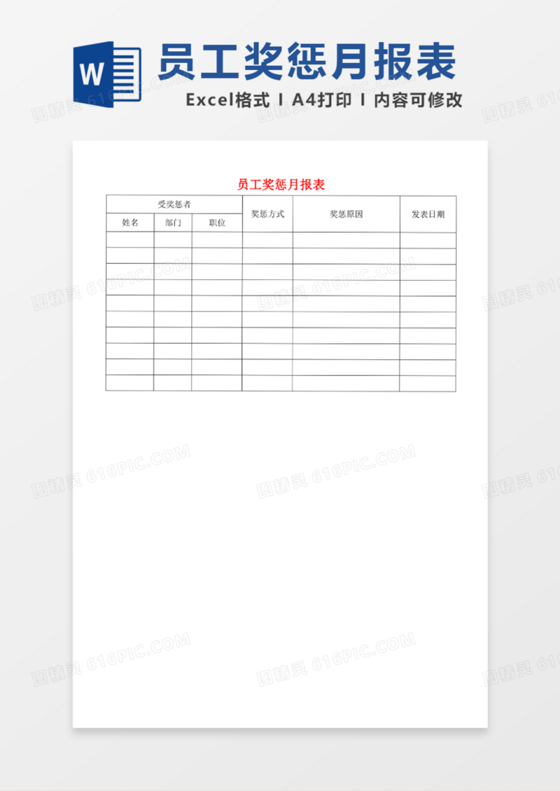员工奖惩统计月报表