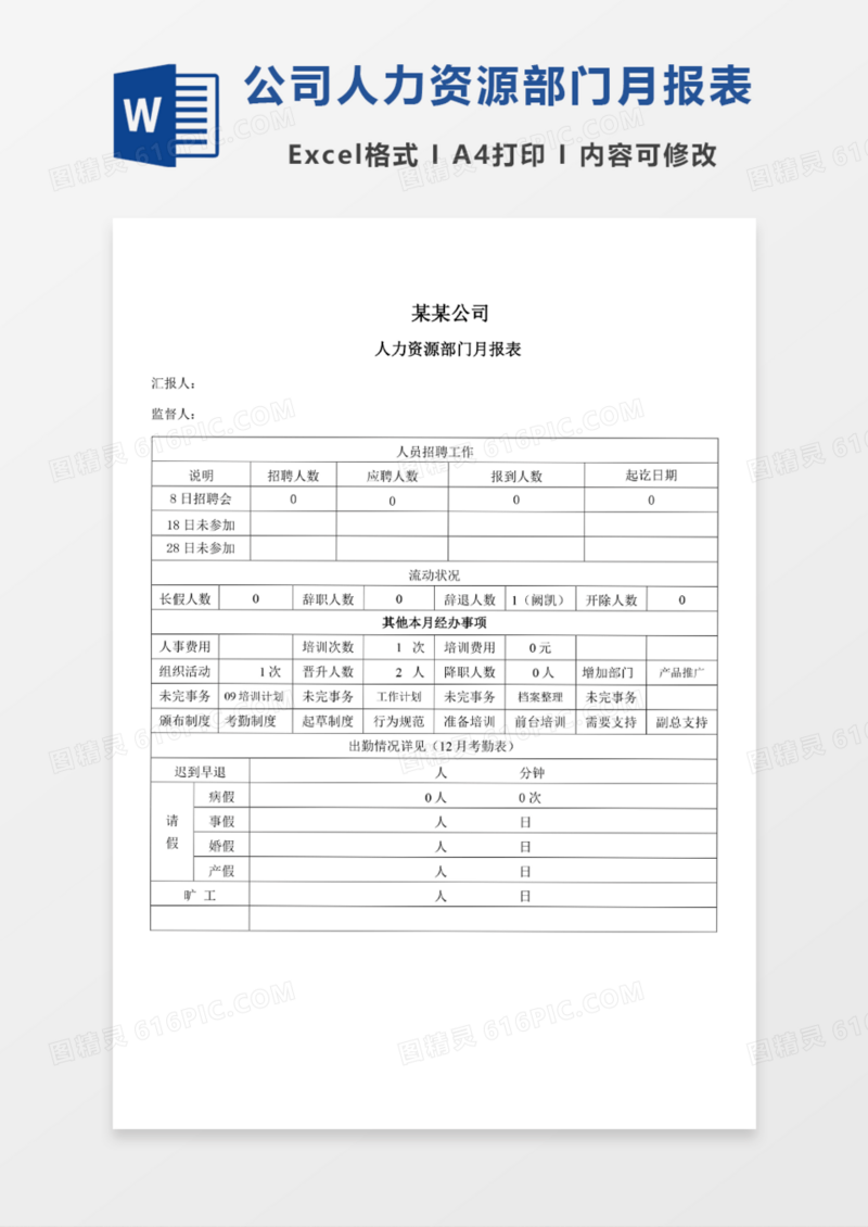 公司人力资源部门月报表