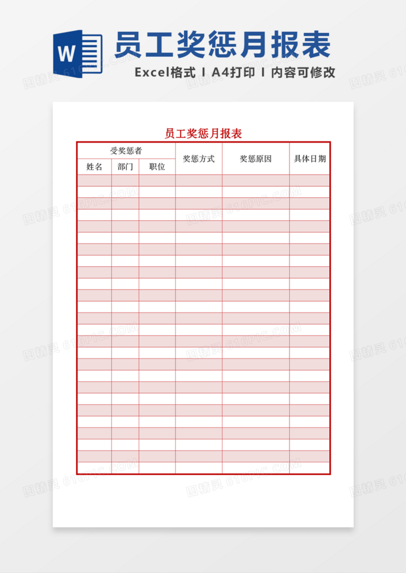 员工详细奖惩统计月报表