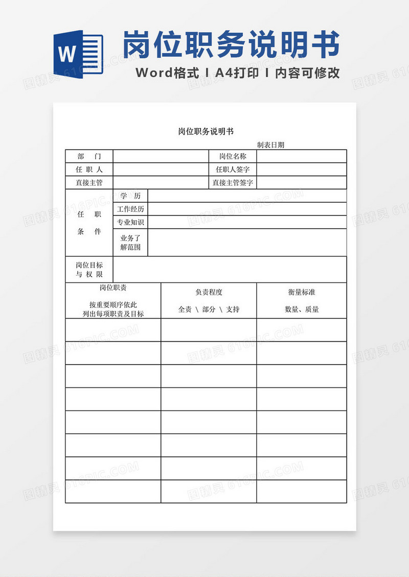 商务岗位职务说明书word模板