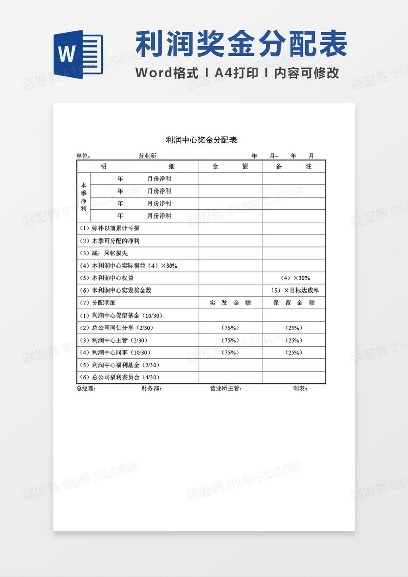 利润中心奖金分配表word模板