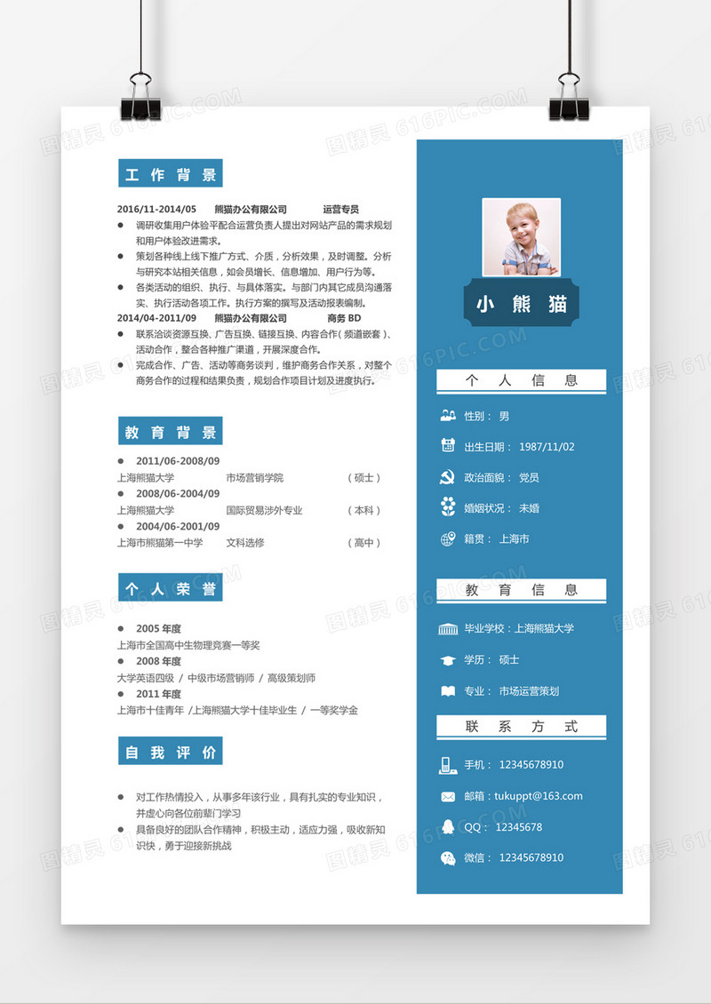 蓝色简约市场运营策划求职简历word简历