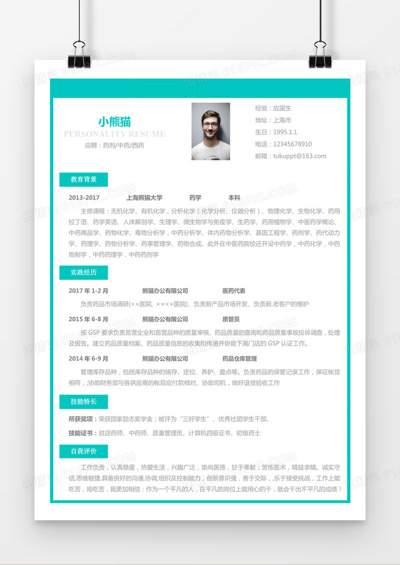 绿色简约药剂中药西药求职简历word简历