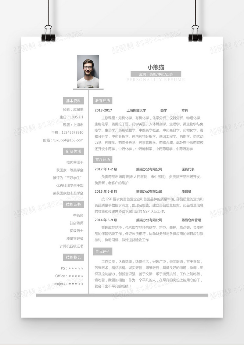 灰色简约药剂中药西药求职简历word简历
