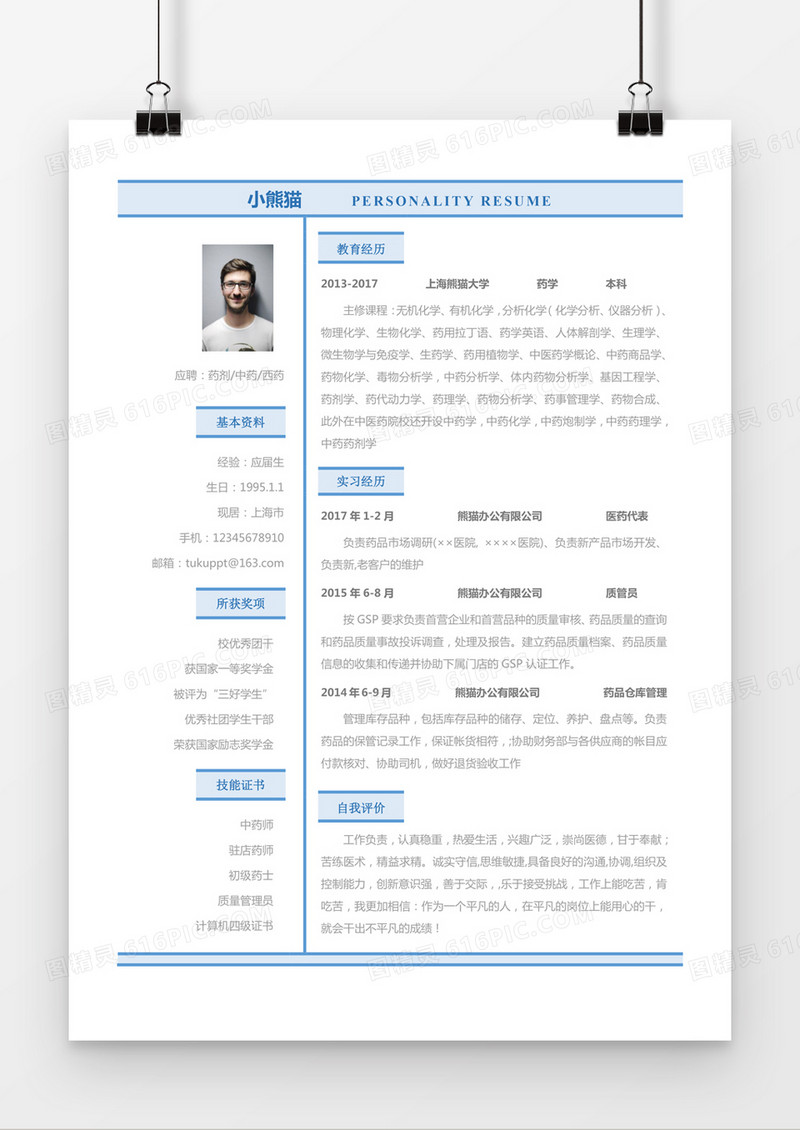 蓝色简约药剂中药西药求职简历word简历