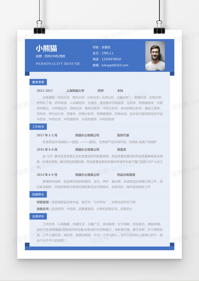 蓝色商务药剂中药西药求职简历word简历