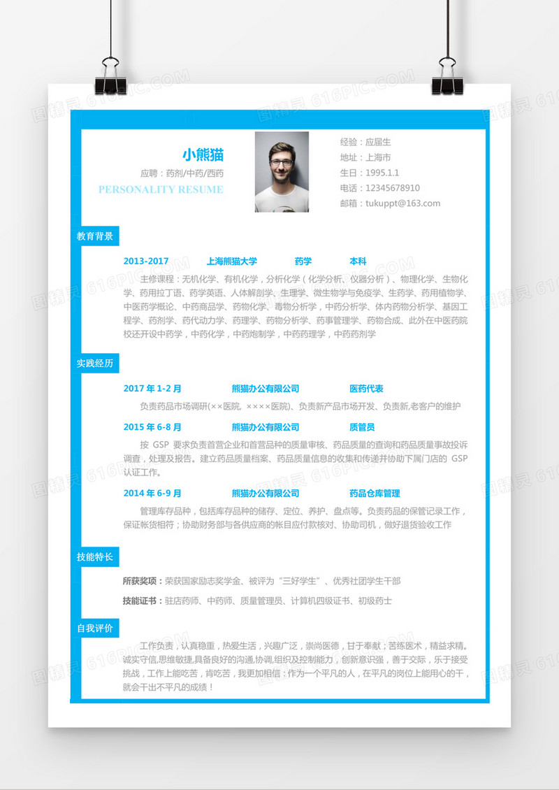 蓝色简约药剂中药西药求职简历word简历
